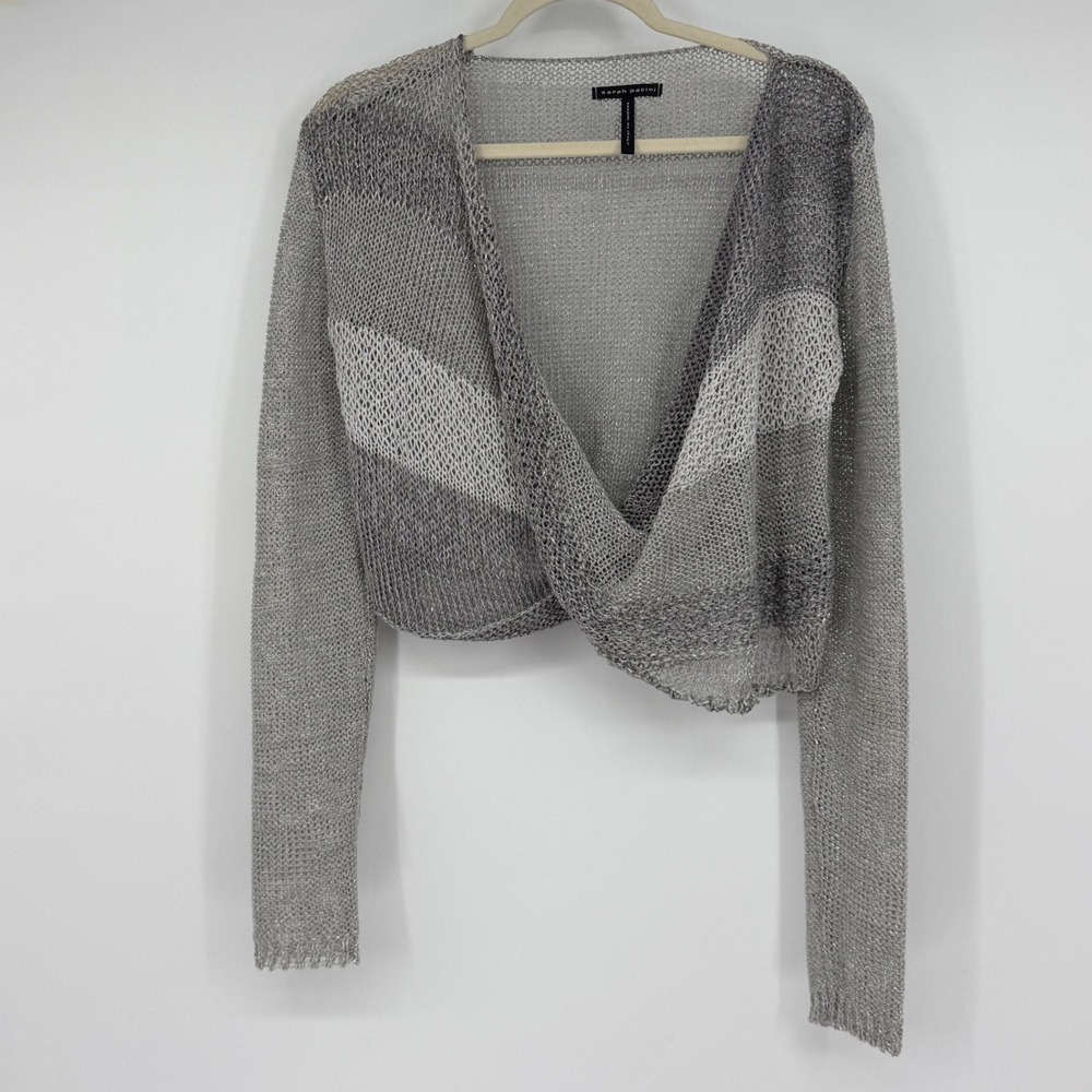 Sarah Pacini Silver Metallic Linen Blend Open Knit Cropped Cardigan One Size